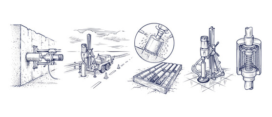Obraz premium Core drilling machine illustration set showing concrete boring rigs, diamond drill bits, asphalt road coring, soil sample collection box, and mechanical cutaway diagrams in a clean line art style.