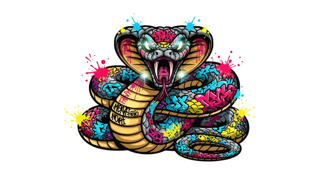 Colorful graffiti snake with open mouth and sharp fangs