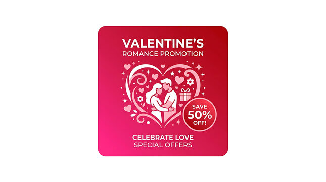 Valentine romance promotion square banner with a heart shape, a couple, and a fifty percent off discount offer on a red gradient background