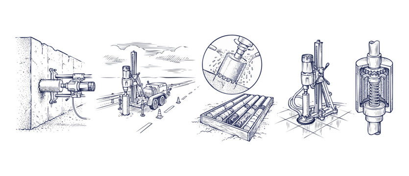 Core drilling machine illustration set showing concrete boring rigs, diamond drill bits, asphalt road coring, soil sample collection box, and mechanical cutaway diagrams in a clean line art style.