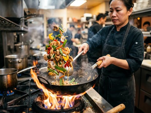 Nutritious breakfast concept Chef skillfully cooking vibrant stir-fry dish Ideal for healthy lifestyle marketing balanced nutrition colorful ingredients wholesome meal fresh organic food natural wel