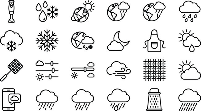 Global weather forecast meteorology climate control and kitchen utensil line icon set for application web interface vector designs