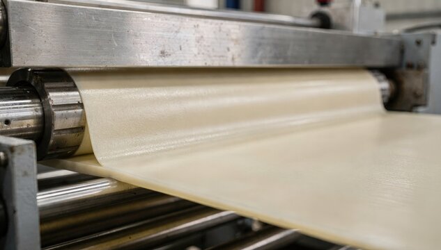Closeup medium shot capturing opaque polypropylene sheet extrusion with textured surface development emphasizing material flow and die lip consistency.