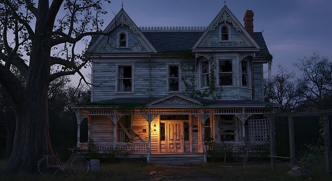 Evening view of Victorian style house with warm lighting.