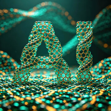A twisted bilayer graphene moir&eacute; superlattice displaying the letters "AI," exhibiting a moir&eacute; superlattice structure characterized by strongly correlated electronic phases.
