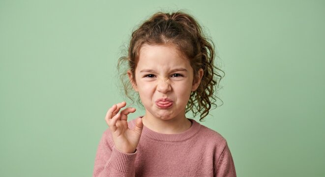 Young girl's wrinkled nose and puckered lips reveal a silly, sour expression
