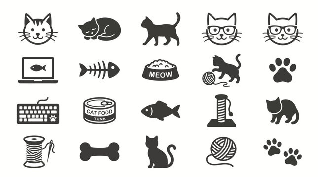 Minimalist black and white cat icon collection for pet lovers and animal design
