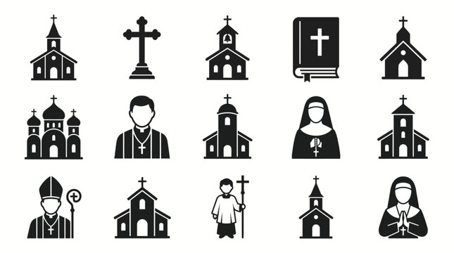 Essential Christian religious symbols, church buildings, and clergy figures icon set