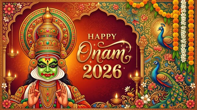 Happy Onam 2026 festival background vector with Kathakali dancer face, traditional Kerala harvest celebration, gold ornaments, peacocks, marigold flower garlands, and oil lamps diya, luxury greeting c