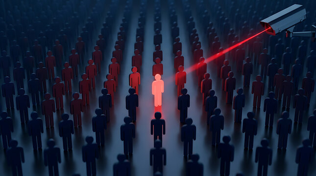 Advanced surveillance camera tracking individual in crowd with red laser beam technology