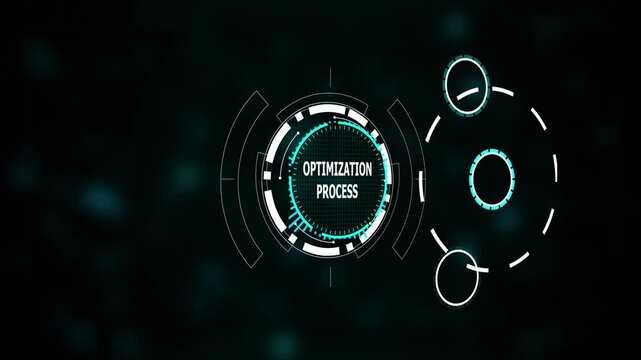 Futuristic circular interface displaying optimization process with glowing cyan accents , Futuristic technology interface and process optimization, Glowing cyan HUD and data analytics design.