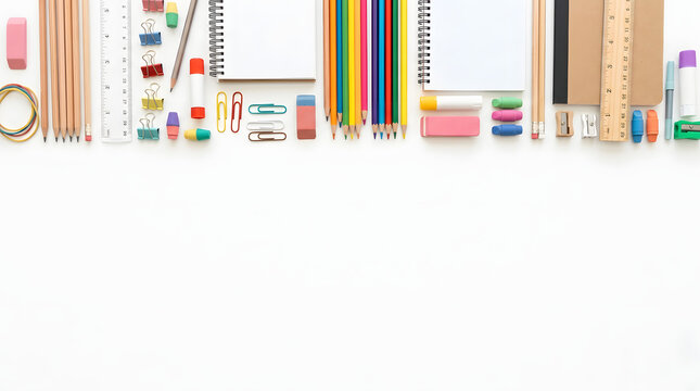 Top View of Assorted School and Office Supplies Arranged Neatly on a White Background, Ready for Creative Projects and Learning