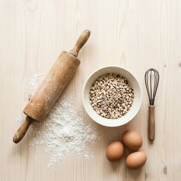 Nutritious breakfast concept Rolling pin, eggs, and flour for baking Ideal for healthy lifestyle marketing balanced nutrition colorful ingredients wholesome meal fresh organic food natural wellness 