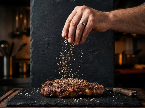 Nutritious breakfast concept Seasoning a juicy steak with spices and herbs Ideal for healthy lifestyle marketing balanced nutrition colorful ingredients wholesome meal fresh organic food natural wel