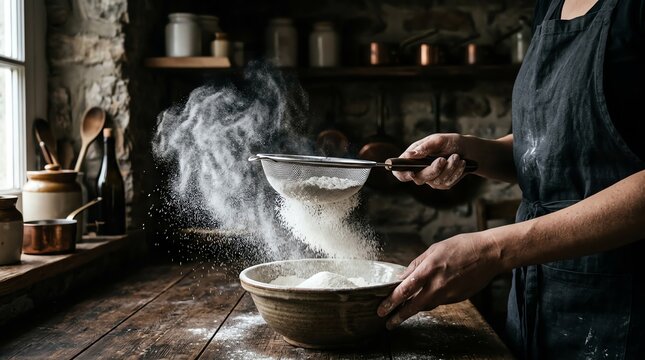 Nutritious breakfast concept Sifting flour for baking in a rustic kitchen Ideal for healthy lifestyle marketing balanced nutrition colorful ingredients wholesome meal fresh organic food natural well