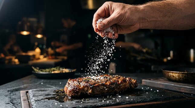 Nutritious breakfast concept Seasoning a delicious steak with salt Ideal for healthy lifestyle marketing balanced nutrition colorful ingredients wholesome meal fresh organic food natural wellness cl