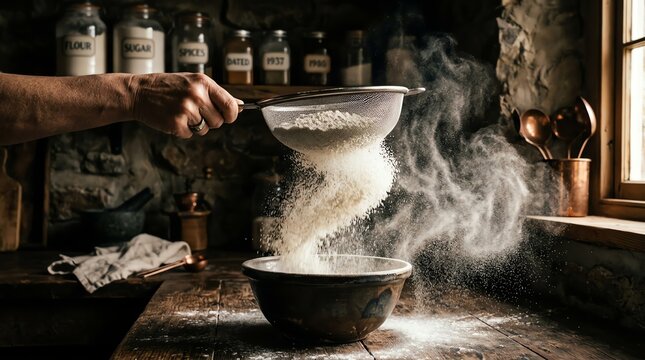 Nutritious breakfast concept Sifting flour in a rustic kitchen setting Ideal for healthy lifestyle marketing balanced nutrition colorful ingredients wholesome meal fresh organic food natural wellnes