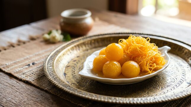 Nutritious breakfast concept Traditional dessert dish with golden sweets Ideal for healthy lifestyle marketing balanced nutrition colorful ingredients wholesome meal fresh organic food natural welln