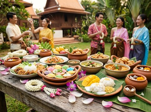 Nutritious breakfast concept Traditional feast with diverse Thai dishes Ideal for healthy lifestyle marketing balanced nutrition colorful ingredients wholesome meal fresh organic food natural wellne