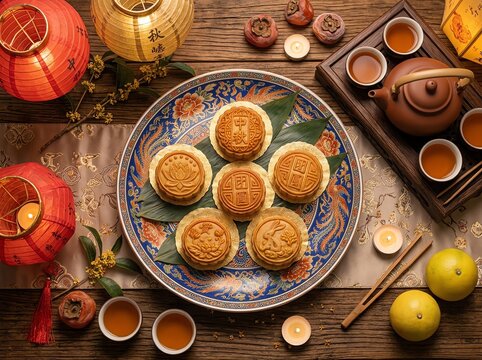 Nutritious breakfast concept Traditional mooncakes on a festive table setting Ideal for healthy lifestyle marketing balanced nutrition colorful ingredients wholesome meal fresh organic food natural 