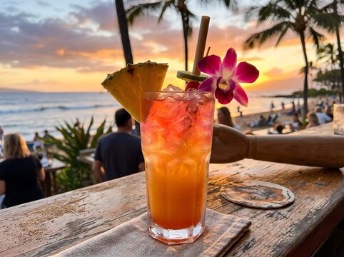 Nutritious breakfast concept Tropical cocktail at sunset beach vibe Ideal for healthy lifestyle marketing balanced nutrition colorful ingredients wholesome meal fresh organic food natural wellness c