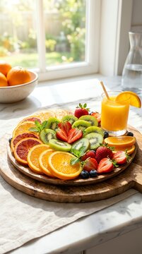 Nutritious breakfast concept Vibrant fruit platter with refreshing juice Ideal for healthy lifestyle marketing balanced nutrition colorful ingredients wholesome meal fresh organic food natural welln