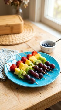 Nutritious breakfast concept Vibrant fruit skewers on a blue plate Ideal for healthy lifestyle marketing balanced nutrition colorful ingredients wholesome meal fresh organic food natural wellness cl