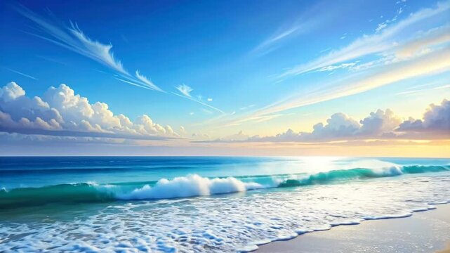 A serene tropical beach landscape at a bright sunny morning
