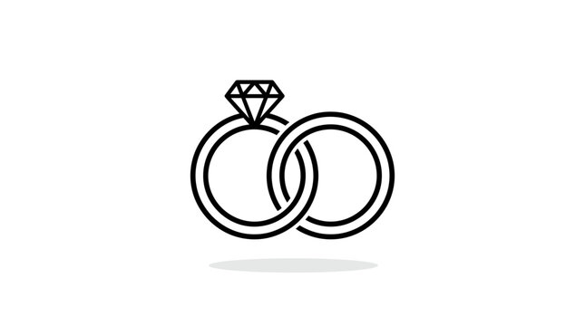 Interlocking wedding rings line icon with diamond engagement symbol