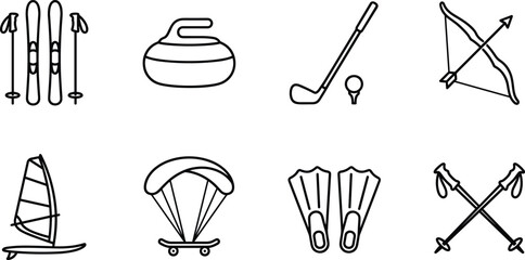 Outdoor adventure sport and extreme recreation equipment line icon set for activity website vector designs © Lipon