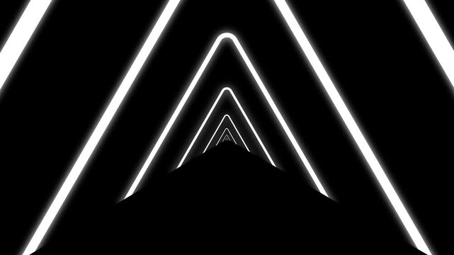 Abstract neon tunnel perspective motion background , Modern geometric corridor and sharp glowing neon triangle tunnel with glowing light, Endless perspective and vibrant visual design.