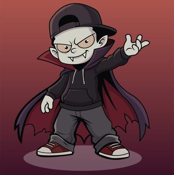 Cartoon vector illustration of a young boy in a Halloween vampire costume with hoodie and cape.