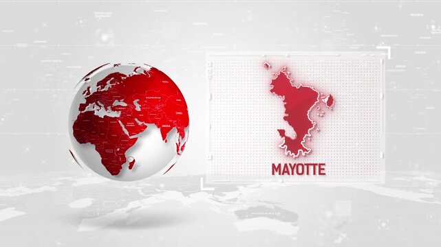 Mayotte 4K Tech Map Beside Globe On White Background.