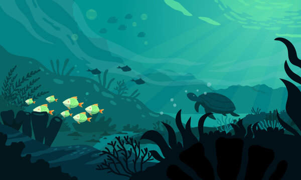 Deep Sea Landscape with Marine Animals, Sea Turtle, and Fish Vector Flat Illustration