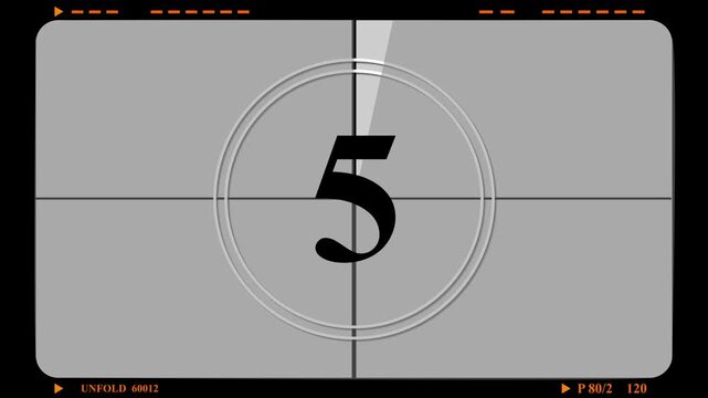Old film countdown animation with retro movie timer. Vintage analog countdown numbers on classic film reel background. Cinematic countdown loop for video intro. Timer or countdown animation.