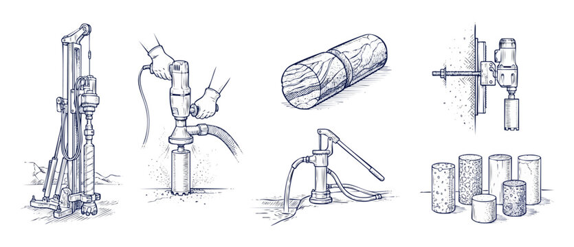Core drilling machine set vector showing scientific geological soil sampling, concrete cylinder testing specimens, hand water pump, and industrial construction tools in line art engraving style.