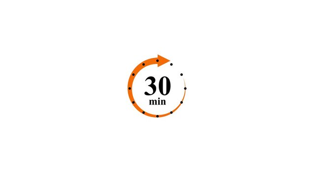 Orange arrow forming a circle with '30 min' text in the center. Minute countdown timer icon time progress. Animated minute timer indicator for duration tracking and time control.