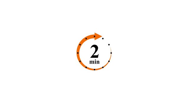 Orange circular arrow with '2 min' text in the center on white background.Minute countdown timer icon time progress. Animated minute timer indicator for duration tracking and time control.
