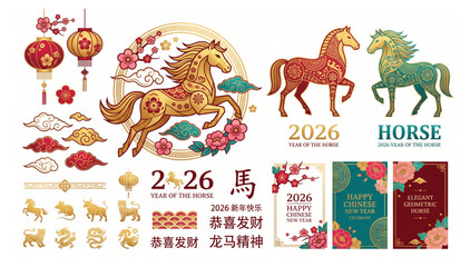 Naklejka premium Chinese new year 2026 year of the horse design set with festival celebration traditional greeting illustration prosperity collection decorative calendar oriental astrology invitation