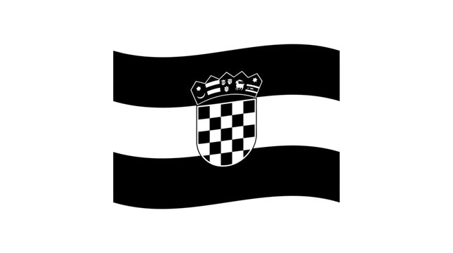 Waving Croatian Flag with Coat of Arms - Black and White