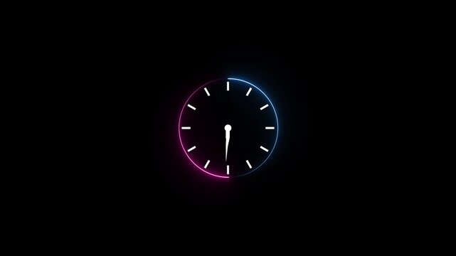 Analog clock gauge animation with rotating needle indicator. Time measurement dial for countdown and timer visuals. Circular time meter element for media and digital displays. Clock icon.