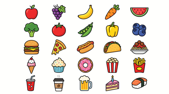 Colorful food and drink vector icons set with fruits vegetables and fast food
