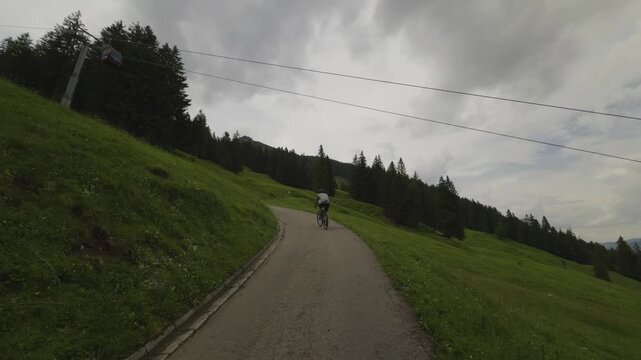 High altitude training of a road cyclist climbing a tarmac lane on a winding mountain pass with a breathtaking view of alpine meadows and green pine forests near Oberstdorf holiday resort