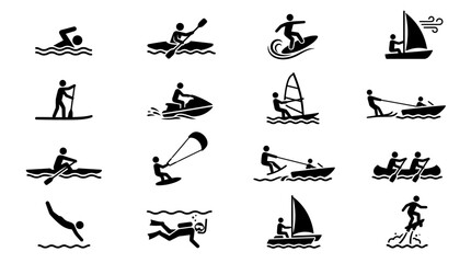 Obraz premium Dynamic collection of black silhouette icons showcasing diverse water sports activities