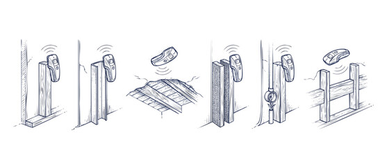 Obraz premium Wall scanner stud finder diagrams showing detection of wood studs, metal framing, active AC electrical wires, and ceiling floor joists behind drywall, home construction hand drawn sketch vector set.
