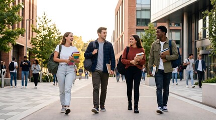 Fototapeta premium Diverse college students walking on campus together
