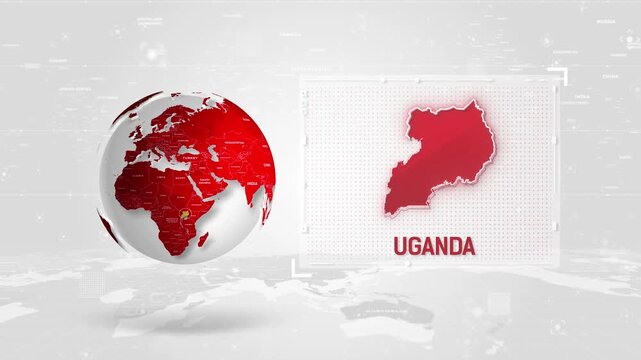 Uganda 4K Tech Map Beside Globe On White Background.