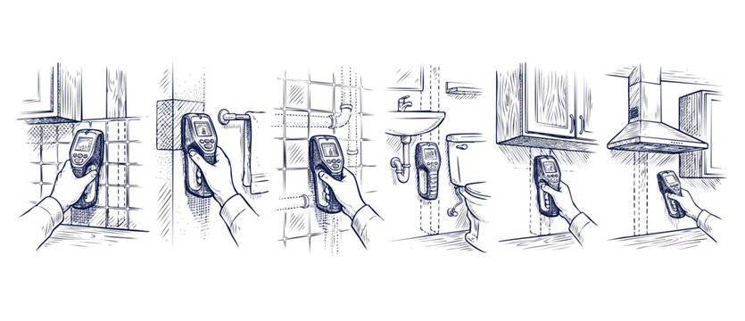 Wall scanner stud finder detector scanning home walls for pipes, wiring, and studs. Hand drawn sketch illustration of DIY renovation, plumbing inspection, electrical locating in kitchen and bathroom.