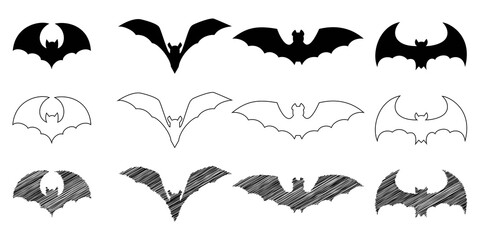 Fototapeta premium Black bat silhouettes and line art icons for halloween theme set contains solid shapes outline drawings and hand drawn textures.