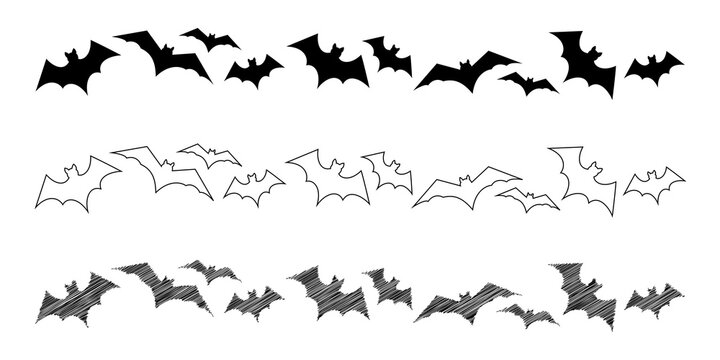 Flying bat border elements in multiple styles for halloween layout featuring black shapes thin outlines and pencil sketch effects.